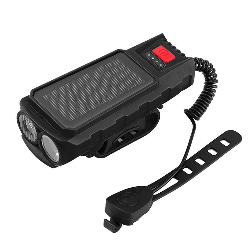 Solar Energy Bike Headlight Waterproof USB Rechargeable with 130DB Horn Flashlight BIke Bell Bike Replacement Accessories Black