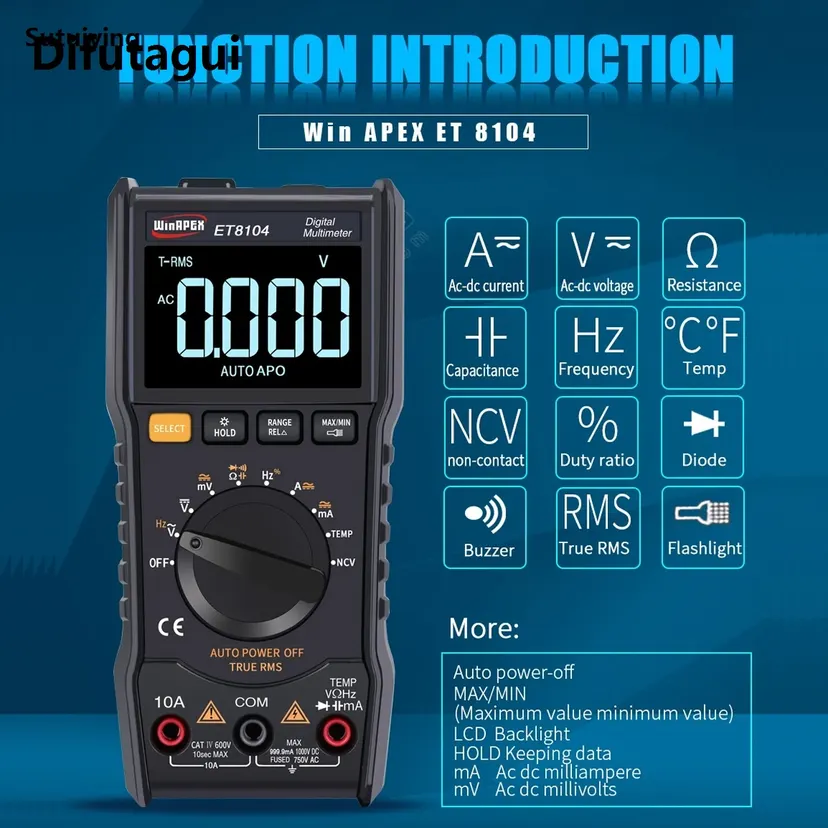 Difutagui Luxury Sutuiying WINAPEX ET8104 Digital Handheld Multimeter Auto-Range Multifunction Tester NCV AC/DC Voltage Current Resistance Temperature Tool