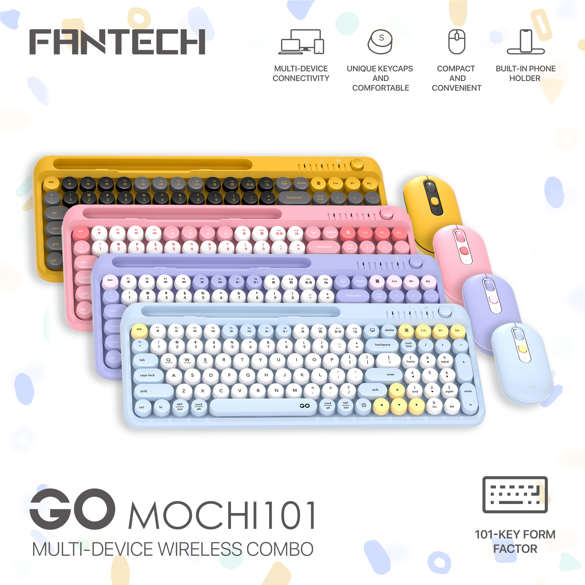 Fantech Go Mochi 101 WK899 Multi-device Compact Combo Wireless Keyboard Mouse Built-in Phone Holder
