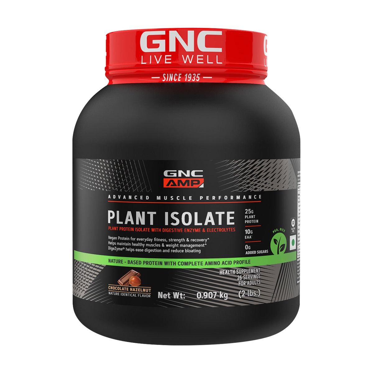 GNC AMP Plant Isolate 0.907Kg (34.5g Serving) Chocolate Hazelnut Flavor With Digestive Enzyme & Electrolytes, Lactose And Soy Free Protein Powder