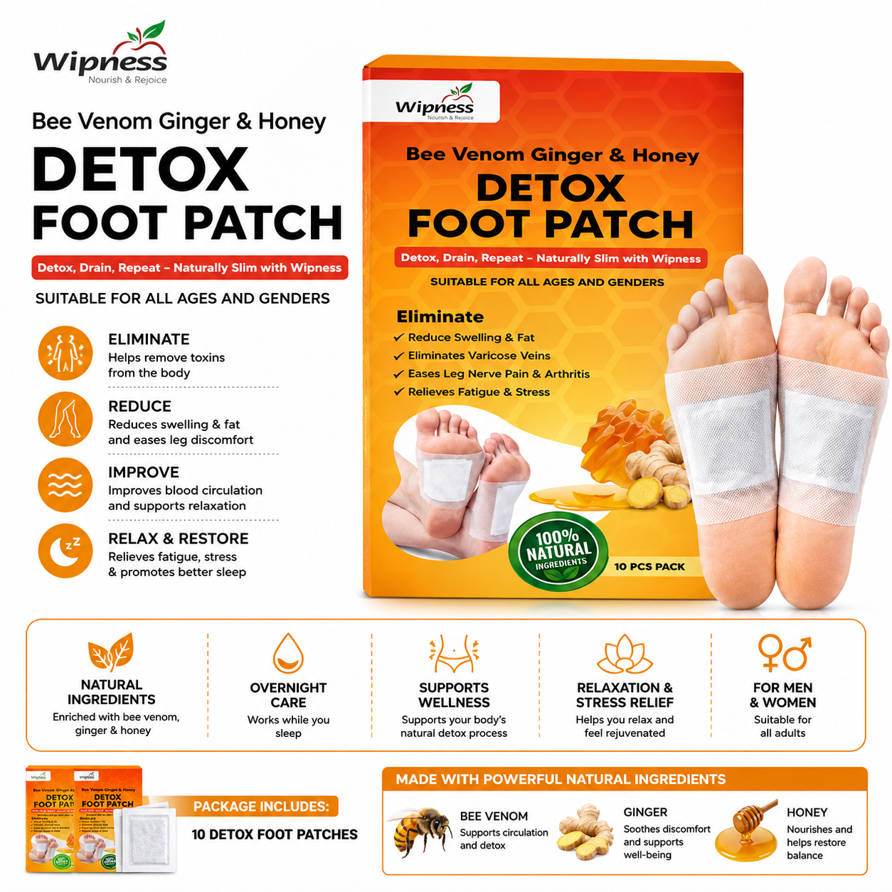 Bee Venom Detox Foot Patches for Feet (1 Pack x 10 Patches) | Relaxation & Stress Relief Foot Patches | Overnight Foot Care Patches for Better Sleep | For Men & Women