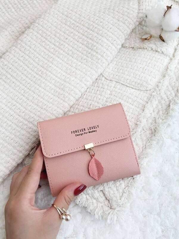 Leaf Pendant Letter Coin Pocket Bifold Mini Lightweight Minimalist Modern Business Anniversary On Valentine Day Birthday Gift Couple Girls Lady Female Bag Supplies Dorm Room & Back To School Hot Pink For Women Purse Small Wallet