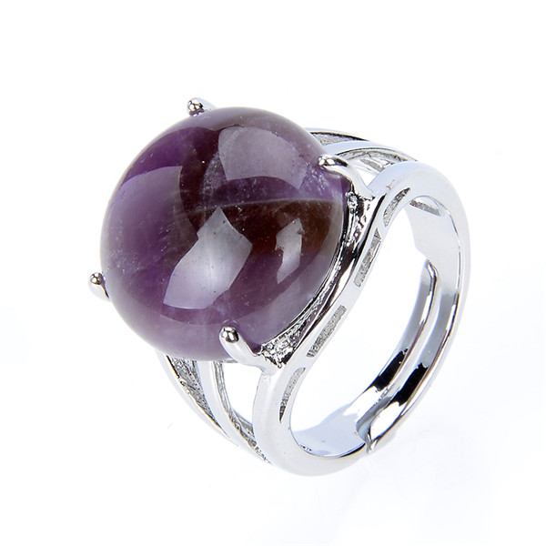 【Qian poem li Store】New Fashion Unique Ring for Wo Round Natural Stone Casual Finger Rings Crystal Pink Quartz Silver Color Jewelry