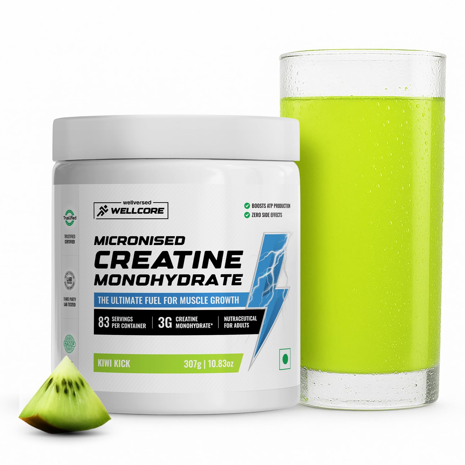 Wellcore Pure Micronised Creatine Monohydrate Powder 307g 83 Servings Kiwi Flavor For Enhanced Muscle Strength With Rapid Absorption