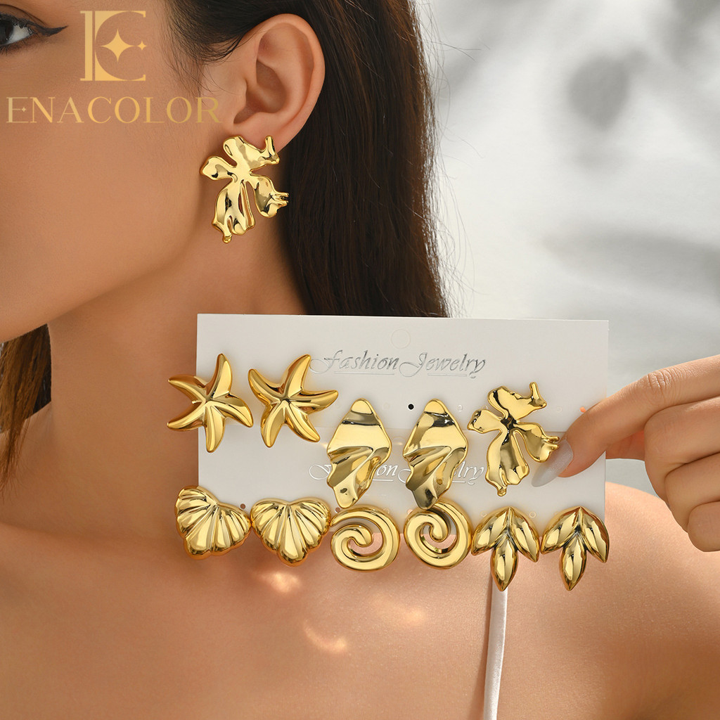 Enacolor 6Pairs/Set Elegant Gold Irregular CCB Geometric Personality Earrings for Women Girls Fashion Accessories Jewelry Girl Gifts