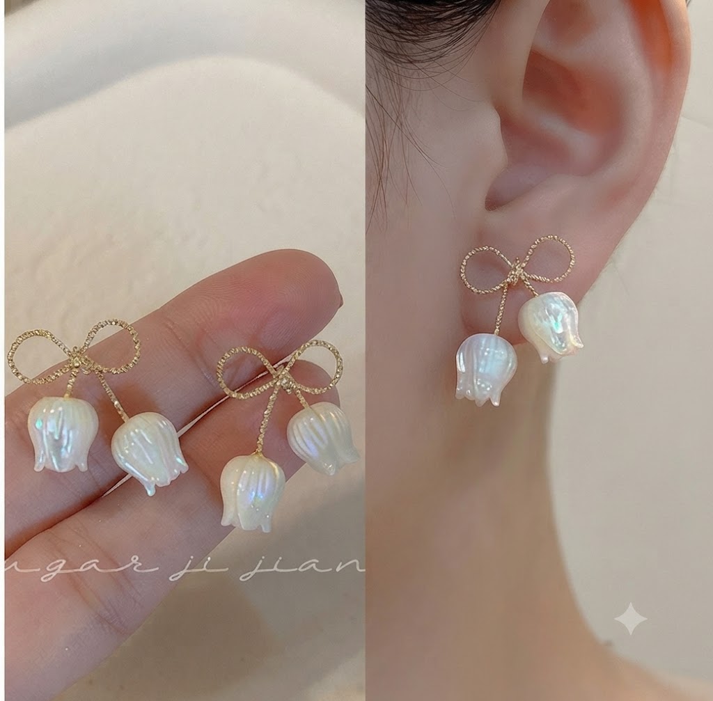 Elegant Pearl Flower Drop Earrings for Women | Korean Style Bow Stud Earrings | Lightweight Fashion Jewelry | Cute Floral Pearl Earrings for Girls.