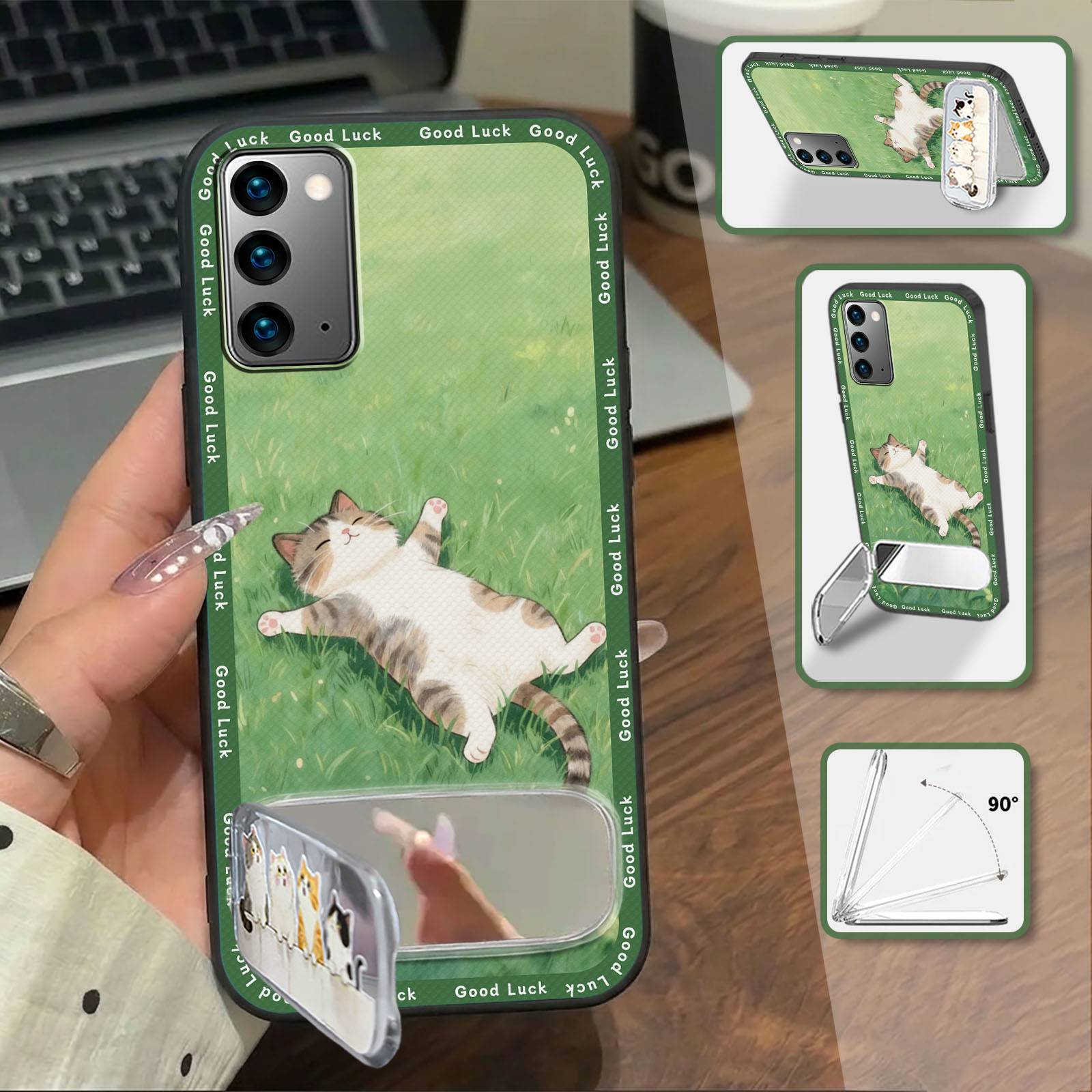Fashion Design Phone Holder Phone Case For Samsung Galaxy Note20 Cute Kickstand 3D Anti-dust Makeup Mirror Embroidery
