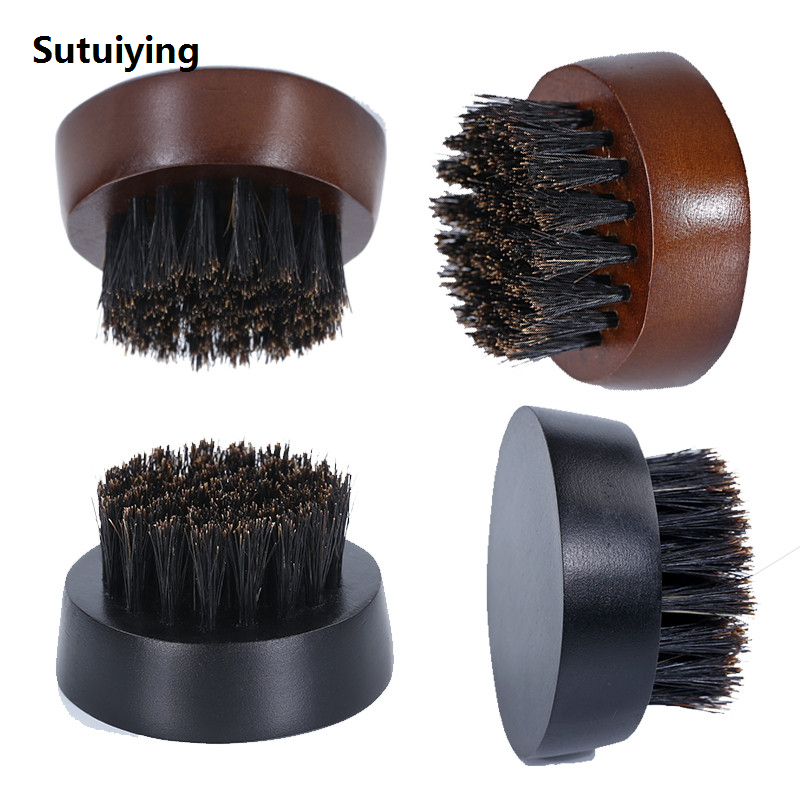 Sutuiying 1pcs Beard Brush Boar Bristles Small and Round Walnut Luxury Wood Beard Grooming Brush for Men's Shaping Tool
