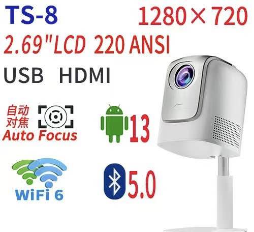 TS-8 Pro Smart Mini LED Projector | Native 720P, Supports 4K | Android 13 | 250 ANSI Lumens | Portable Home Theater