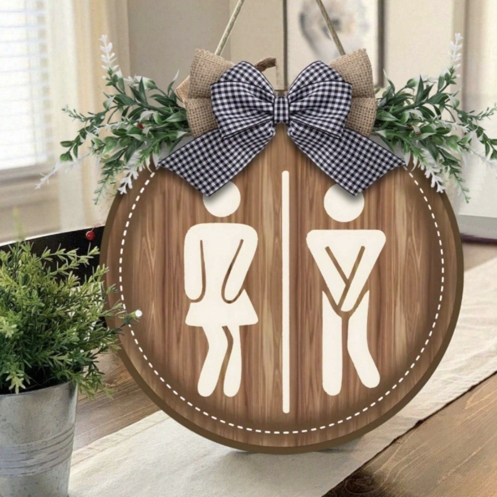 Minimalist Wooden Bathroom Sign Plate Wreath Hanging Circle Decorative Plaque Retro Farmhouse Plaque Wall Art Sign Toilet