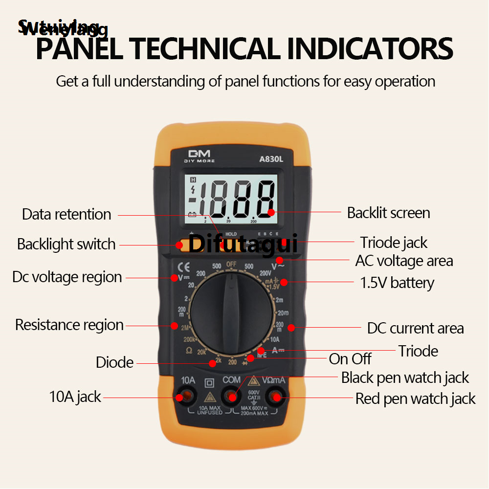 Wenefang Sutuiying A830L LCD Digital Multimeter AC DC Voltage Diode with Buzzer New Function Luxury Freguency Multitester Current Tester Luminous Display