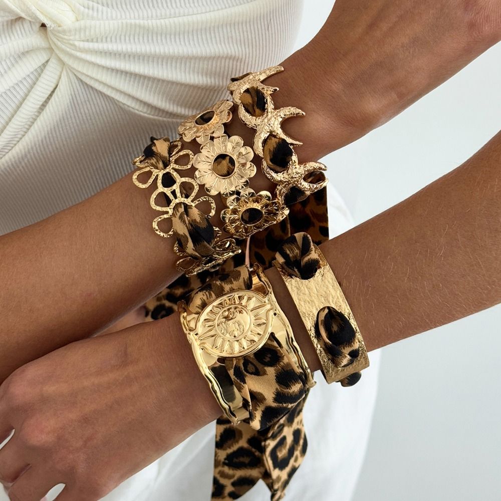 Temperament Leopard Print Silk Scarf Cuff Bangles Hollow Flower Metal Wide Bracelet Vintage Ribbon-Wrapped Ethnic Style Wristband Women