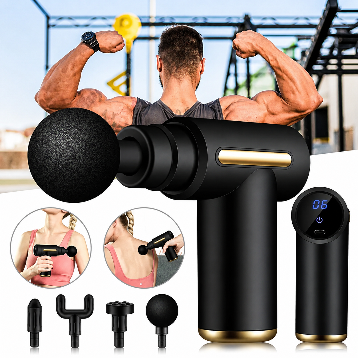 Lifelong LLGM109 Percussion Massage Gun for Pain Relief, Deep Tissue, 6 Speeds & 4 Massage Heads, Cordless, Quiet Operation for Neck, Shoulders, Back, Arms, Legs & Feet (Black)