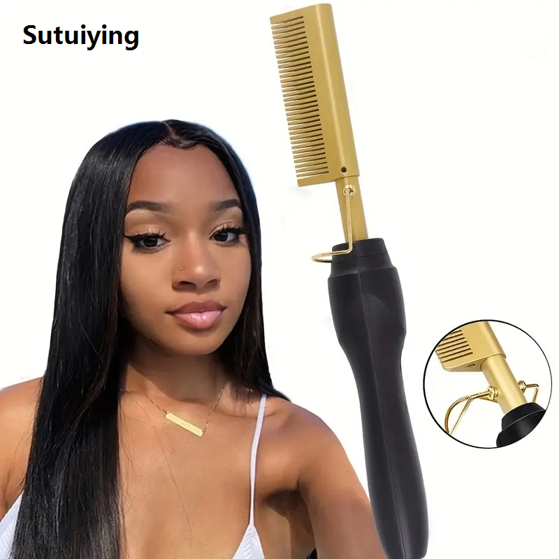 Sutuiying Multi Functional Electric Copper Comb Straightener, Dual-purpose for Comb, Perm Stick, Curly and Straight Hair