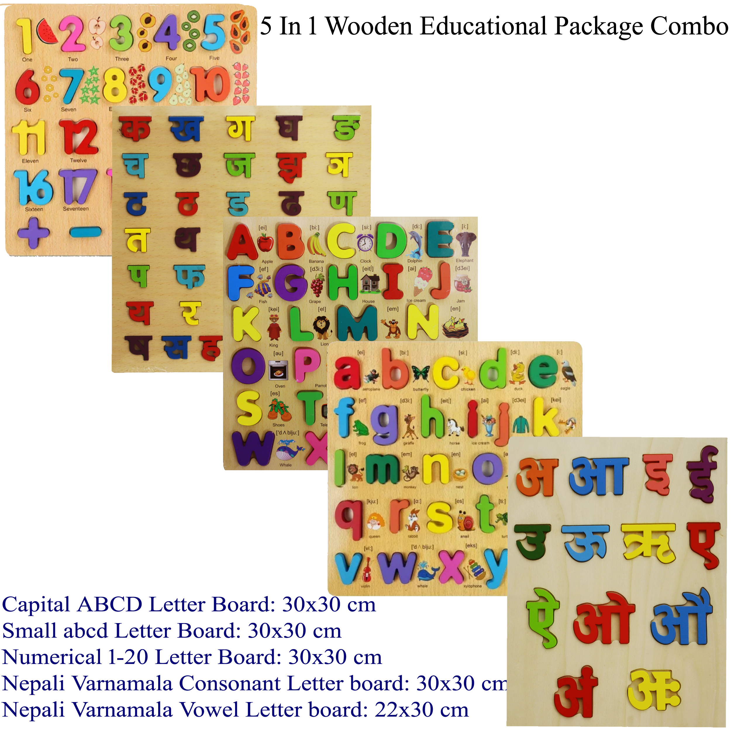 5 In 1 Wooden Learning & Educational Montessori Toy - ABCD + abcd + 1-20 + क, ख, ग, घ + अ, आ, इ, ई Letter Board for Baby, Toddlers & Preschool Kids