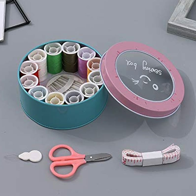 KOJA Mini Portable Sewing Box With Color Needle Threads Pin Scissor Travel Metal Box Craft Kits Home Organizer