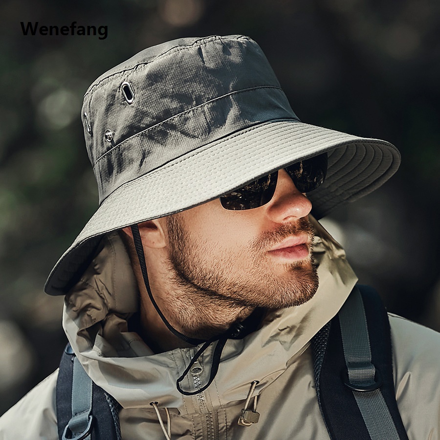 Wenefang Men Summer Bucket Hat Solid Fisherman Cap Fishing Outdoor Sunshade Big Brim Sunscreen Cap Riding Hiking Suncreen Sunhat Helmet