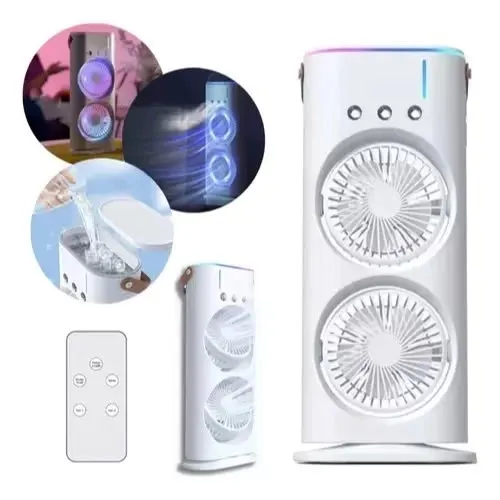 Portable Double Head Spray Fan USB Rechargeable Cooling Fan With Water Mist 3 Speed LED Light