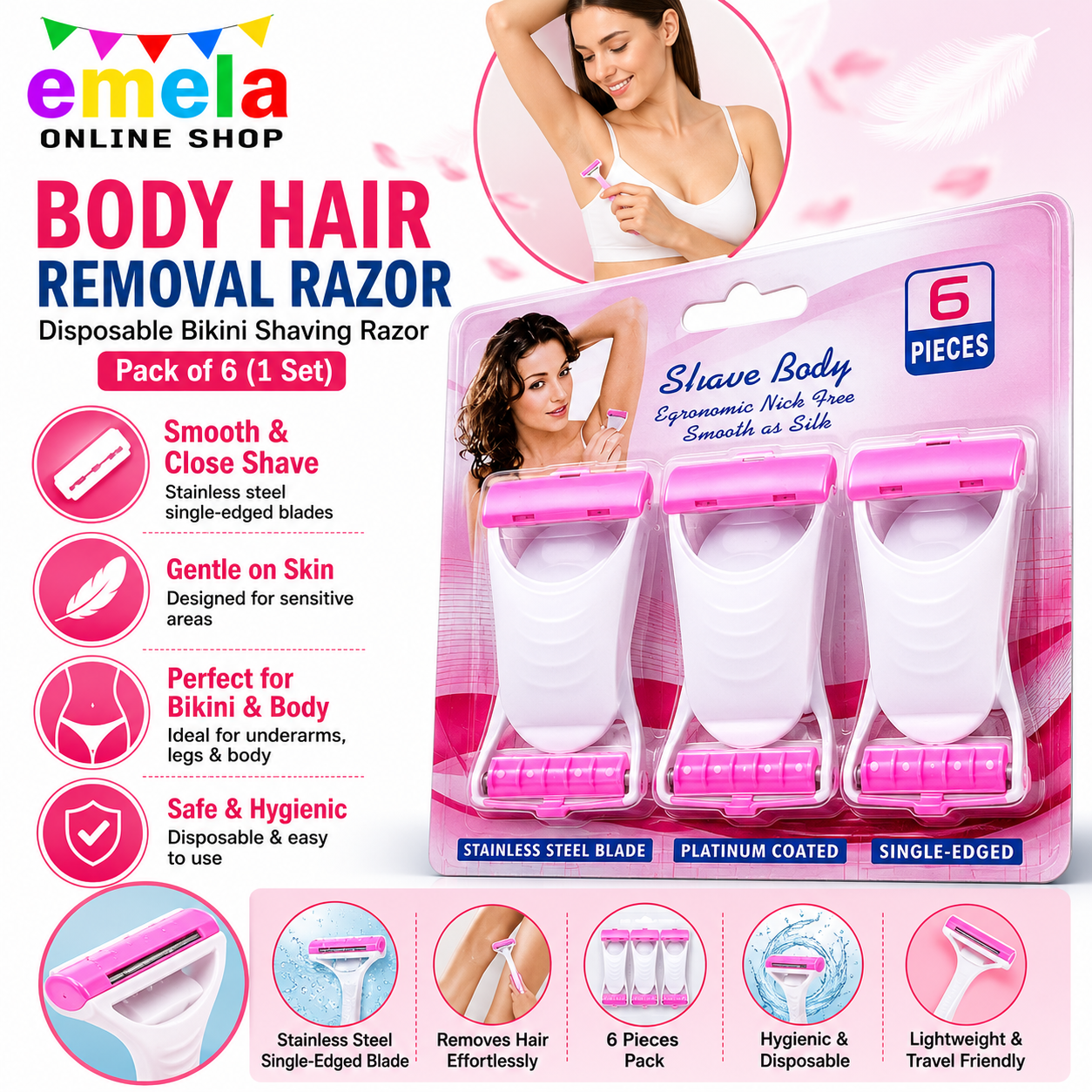 Body Hair Removal Razor, Disposable Plastic Bikini Shaving Razor, Mini Shaver Remover, Hair Removal Disposable Blades 6 Pieces Pack of 1