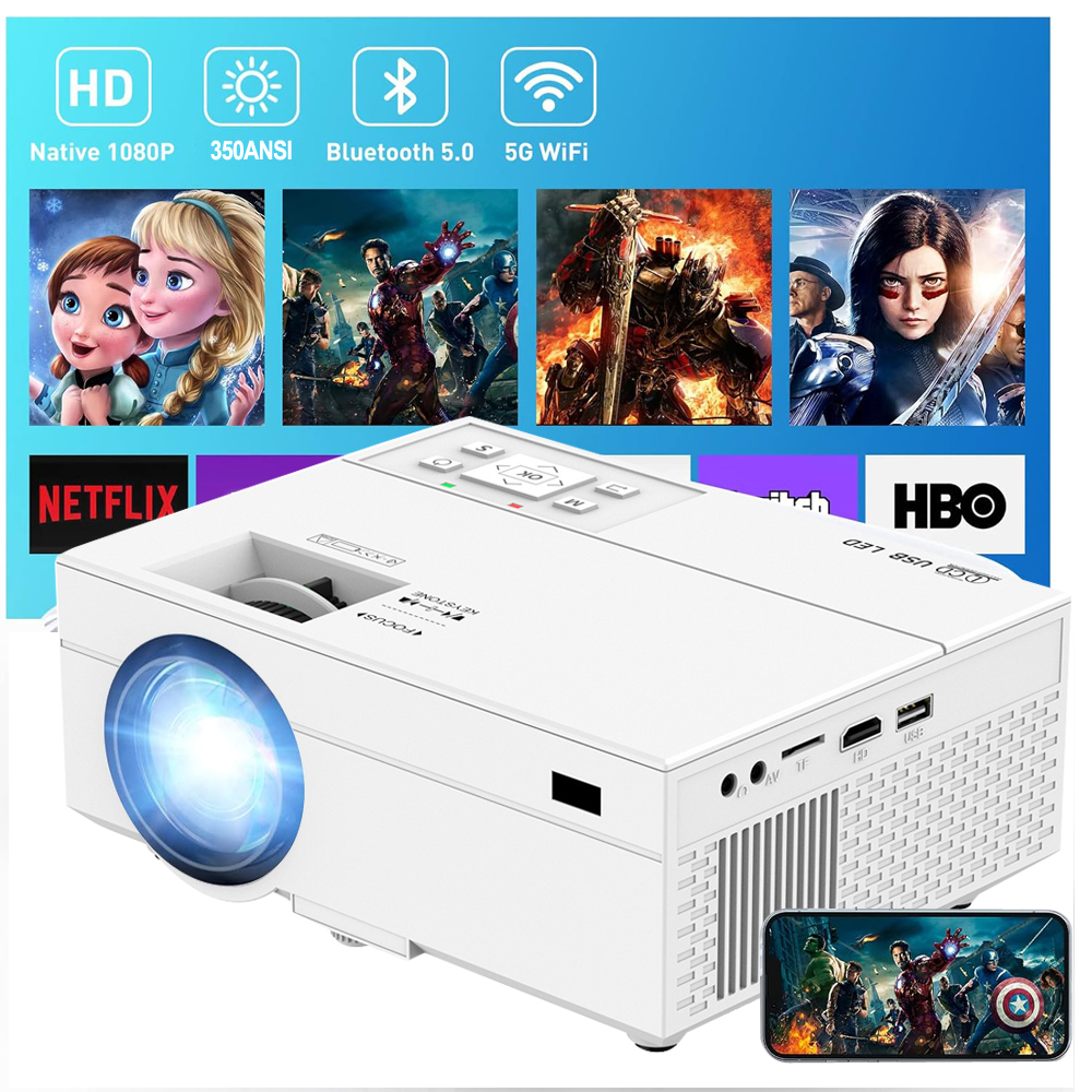 Smart Projector with WiFi 6 and Bluetooth Portable Bedroom Mini Projector Native 1080P, Home Theater Cinema Movie Proyector-White