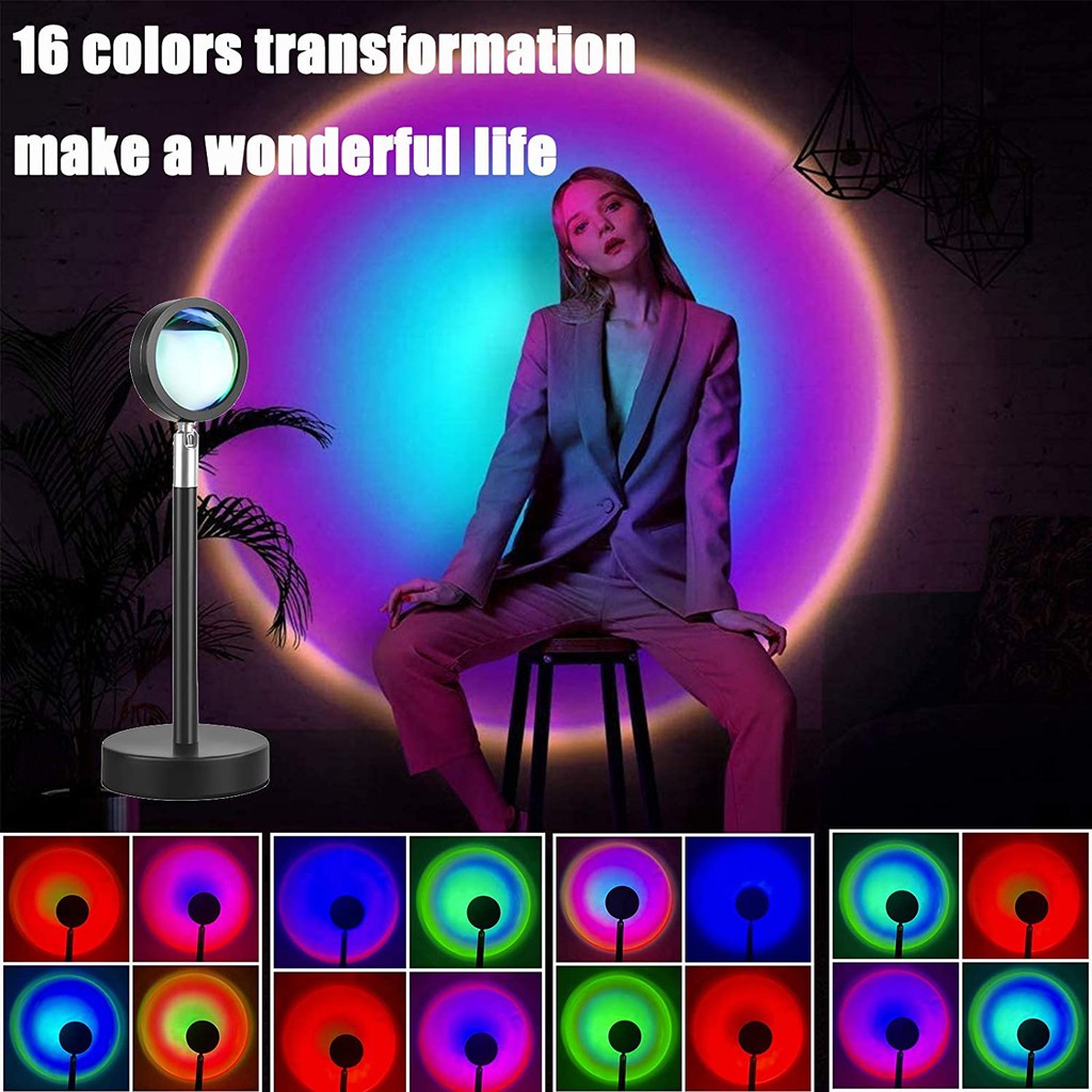 Sunset Lamp Projector 16 Color Variable Mode Rainbow Sunset Light 180 Degrees Rotation Romantic Visual Ambient Light for Photography Sun Light for Living Room/Bedroom/Selfie Decor USB