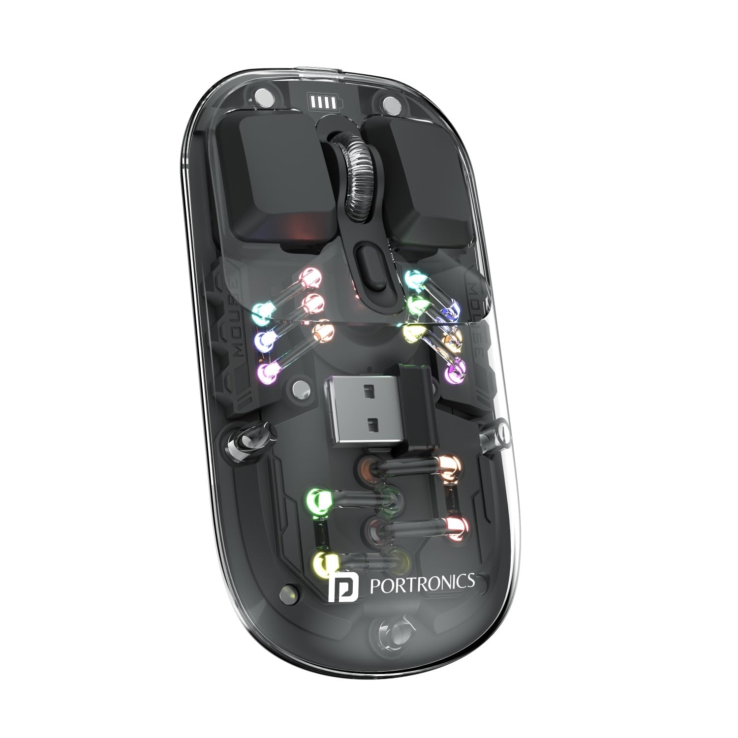 Portronics Toad 5 Transparent Bluetooth Mouse with 2.4 GHz & BT 5.3 Dual Wireless, Rechargeable, RGB Lights, Connect 3 Devices, Sleek Design for Laptop, Smartphone, Tablet