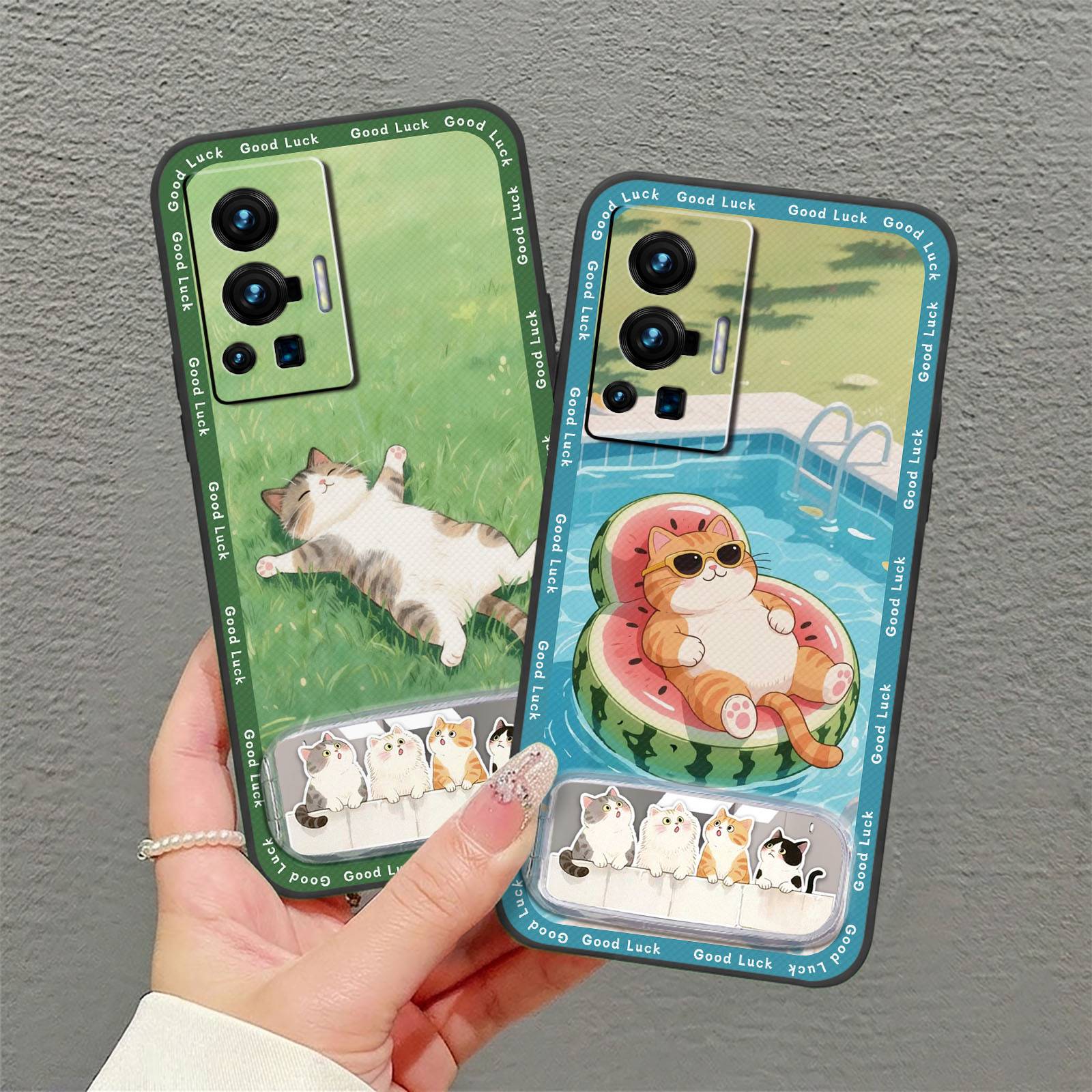 Embroidery Durable Phone Case For VIVO X70 Pro Kickstand Fashion Design Cloth Patch Cartoon Dirt-resistant Makeup Mirror