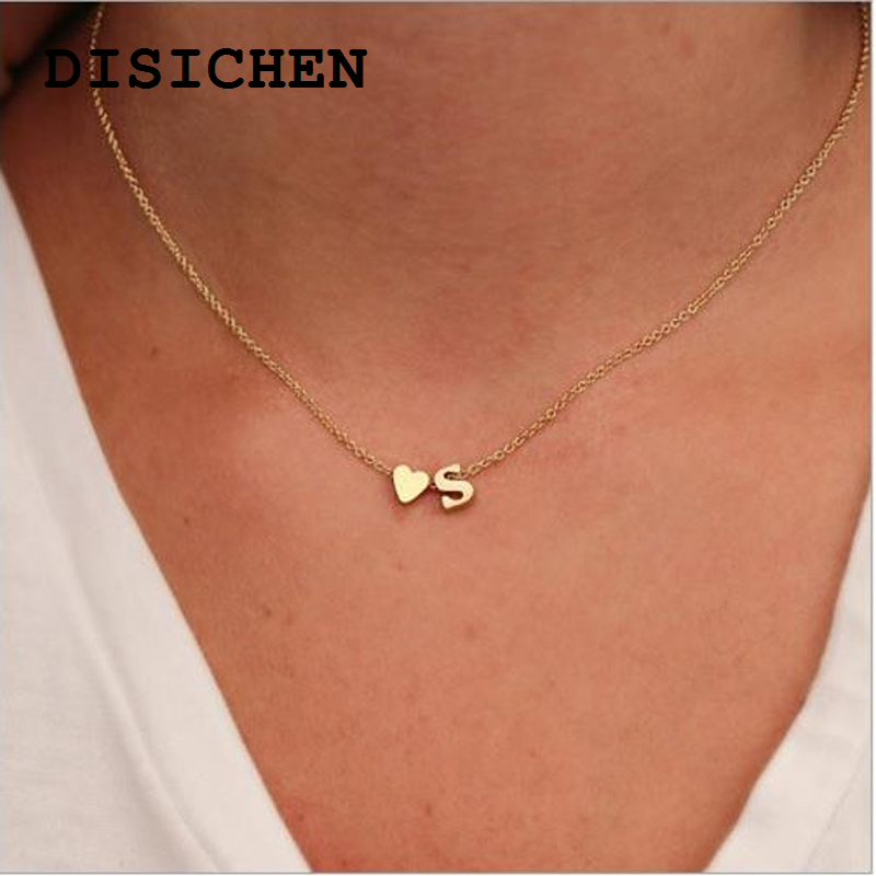 DISICHEN High Quality Letter Alphabet Heart Pendant Necklace First Name Plated Metal Chain Women Girls Gift