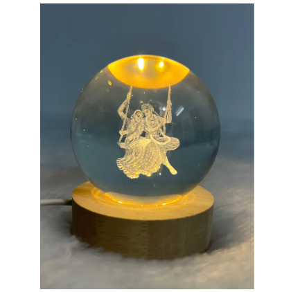 Radha Krishna (Sitting) 3D Crystal Ball LED Night Light 6cm | Spiritual Decorative Lamp for Home & Gift
