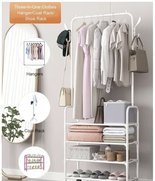 Multifunctional 3-in-1 Hallway Rack Stand Clothes Shoe Rack with Storage Cabinet Wardrobe Drying Rack Single Rod 4 Levels/Shelf Coat Hanger Shoe Rack Multifunctional Clothes Rack Made of Metal with Hooks for Bedroom Hallway 529 AM