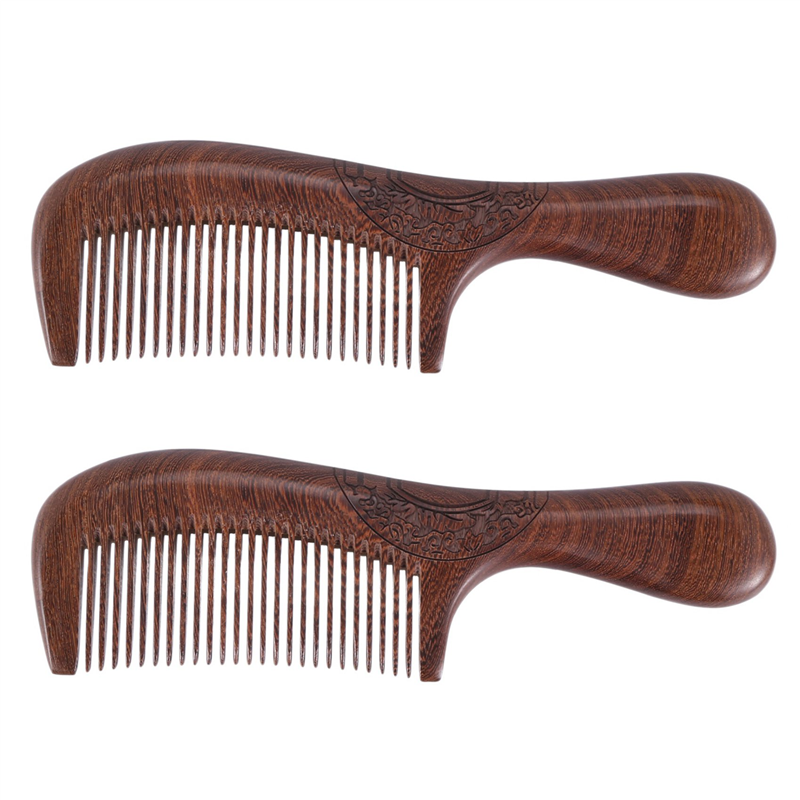 2X Unisex Sandalwood Comb Women Men Home Travel Wood Anti-Static Fine-Tooth Comb Wooden Handles Hair Comb