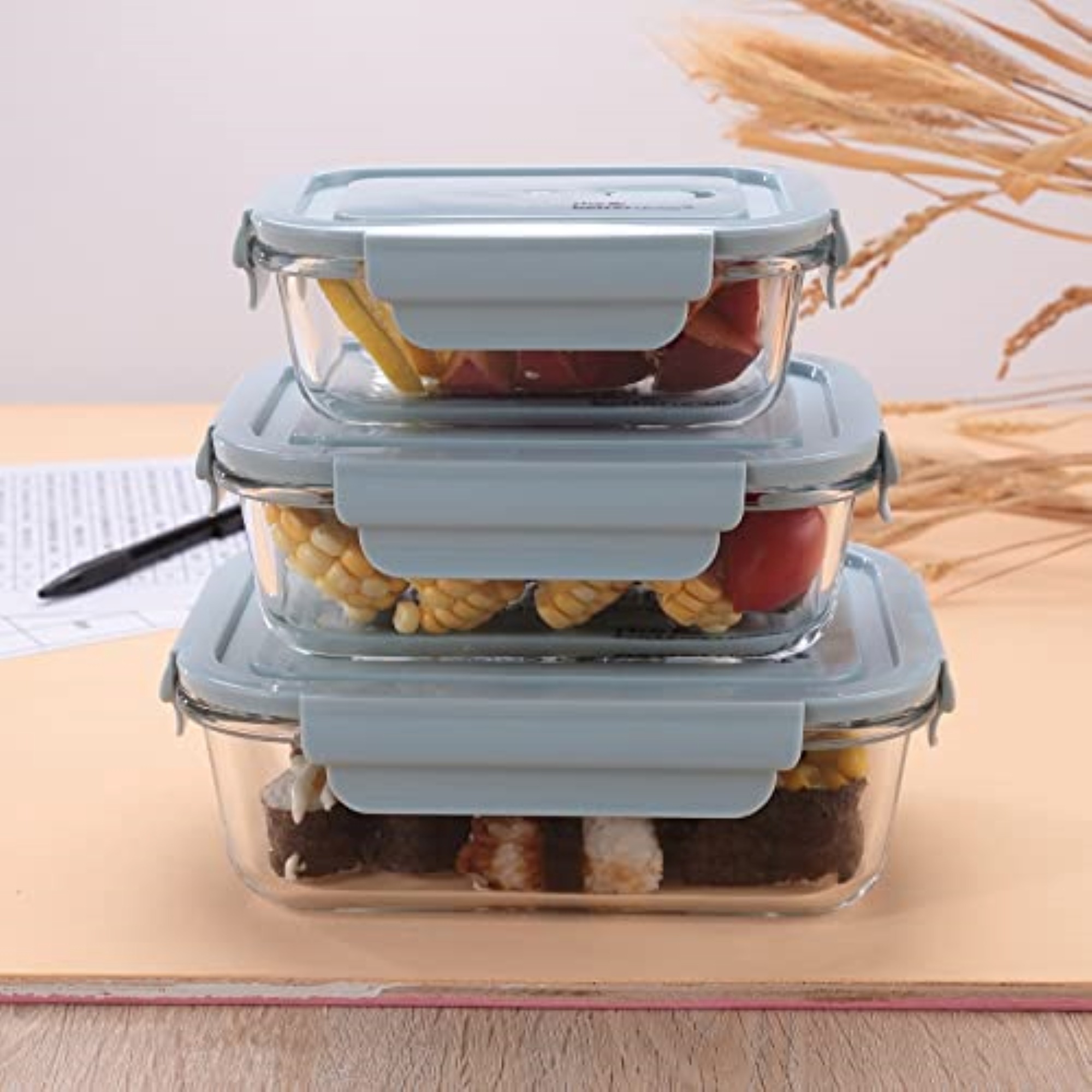 Microwave Borosilicate Glass Container Bowl Storage Pot with BPA Free Air Vent Plastic Lid Set Of 3 Pcs 410 ml 680 ml 1040 ml Transparent 3 in 1