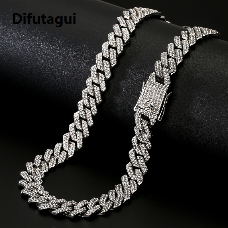 Difutagui Gold Color Hip Hop Cuban Chain With Full Stone Mens Necklace Silver Color 2 Rows Rhinestone Paved Miami Cuban Chain Necklace