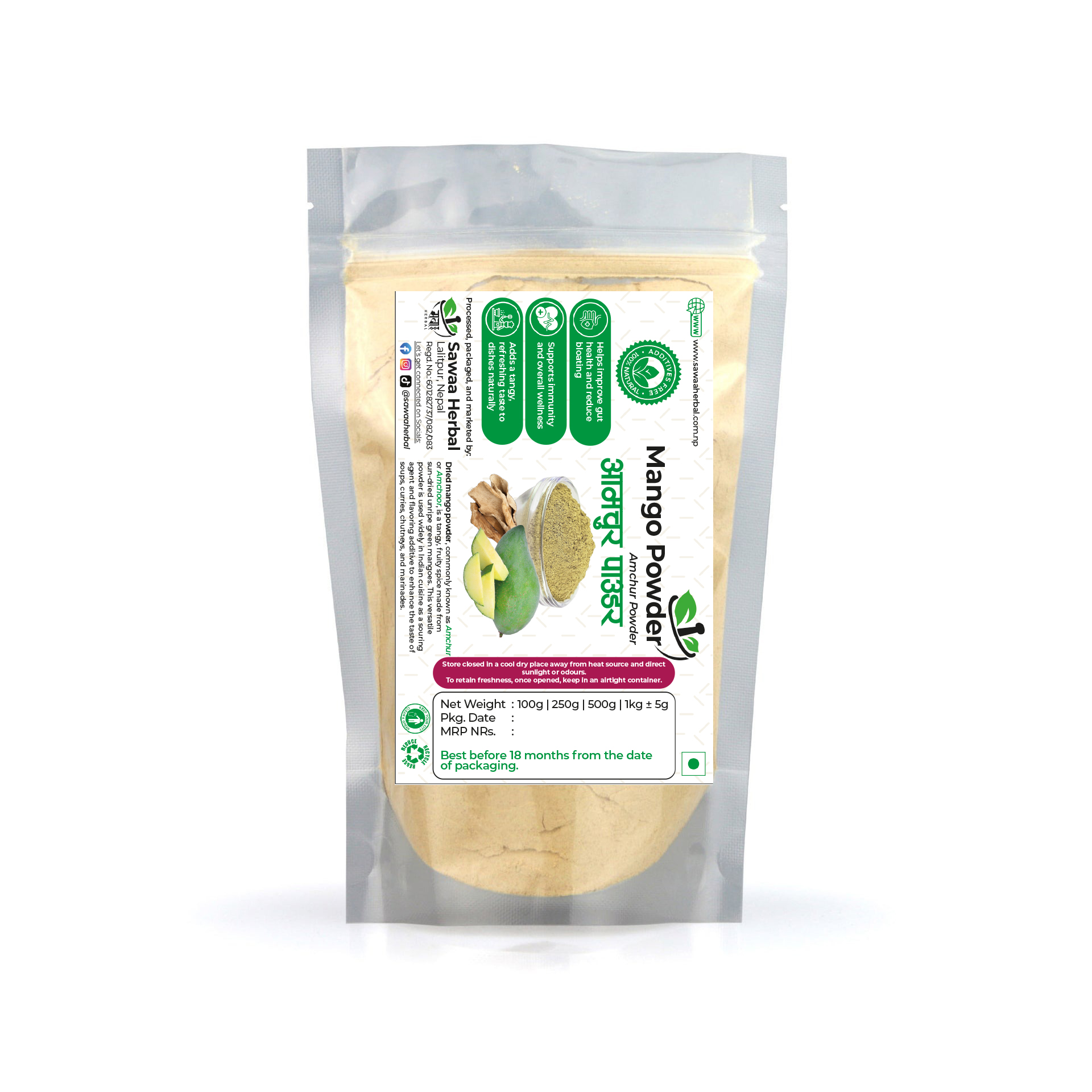 Premium Dry Mango Aamchur Powder - 100 grams / 250 grams / 500 grams / 1 kg by Sawaa Herbal (Amchoor Churna, Amchur, Aamchoor, Aam Chur, Am choor, Natural Tangy Spice for Cooking, Chutneys & Seasoning, Aap ko Dhulo, Aap ko Dholo)
