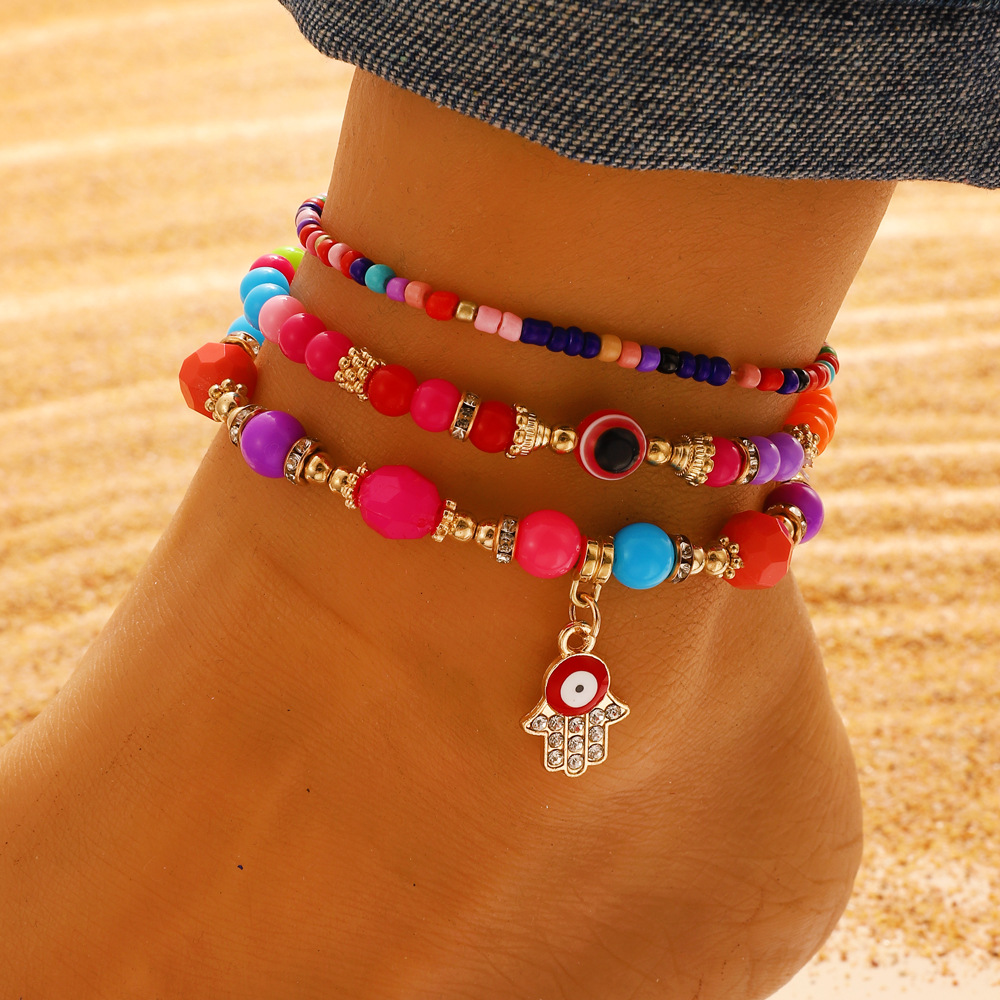 【New Arrivals】Europe and the United States cross-border three-piece set anklet retro Bohemian ethnic style beaded devil eyes beach footwear