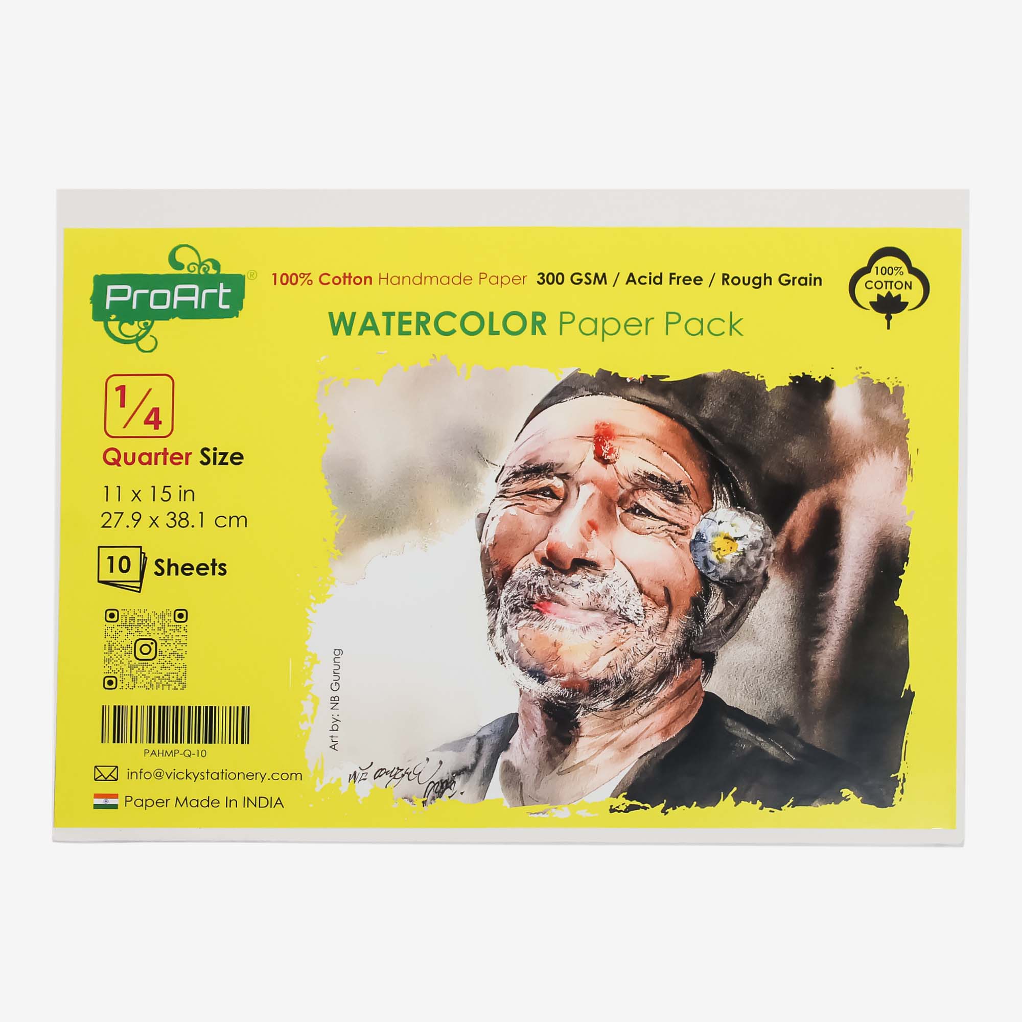 ProArt Artists' 100% Cotton Watercolor Paper 300GSM,1/2 (15x22 inches), 5 Sheets Pack, Rough Grain (Made In India)