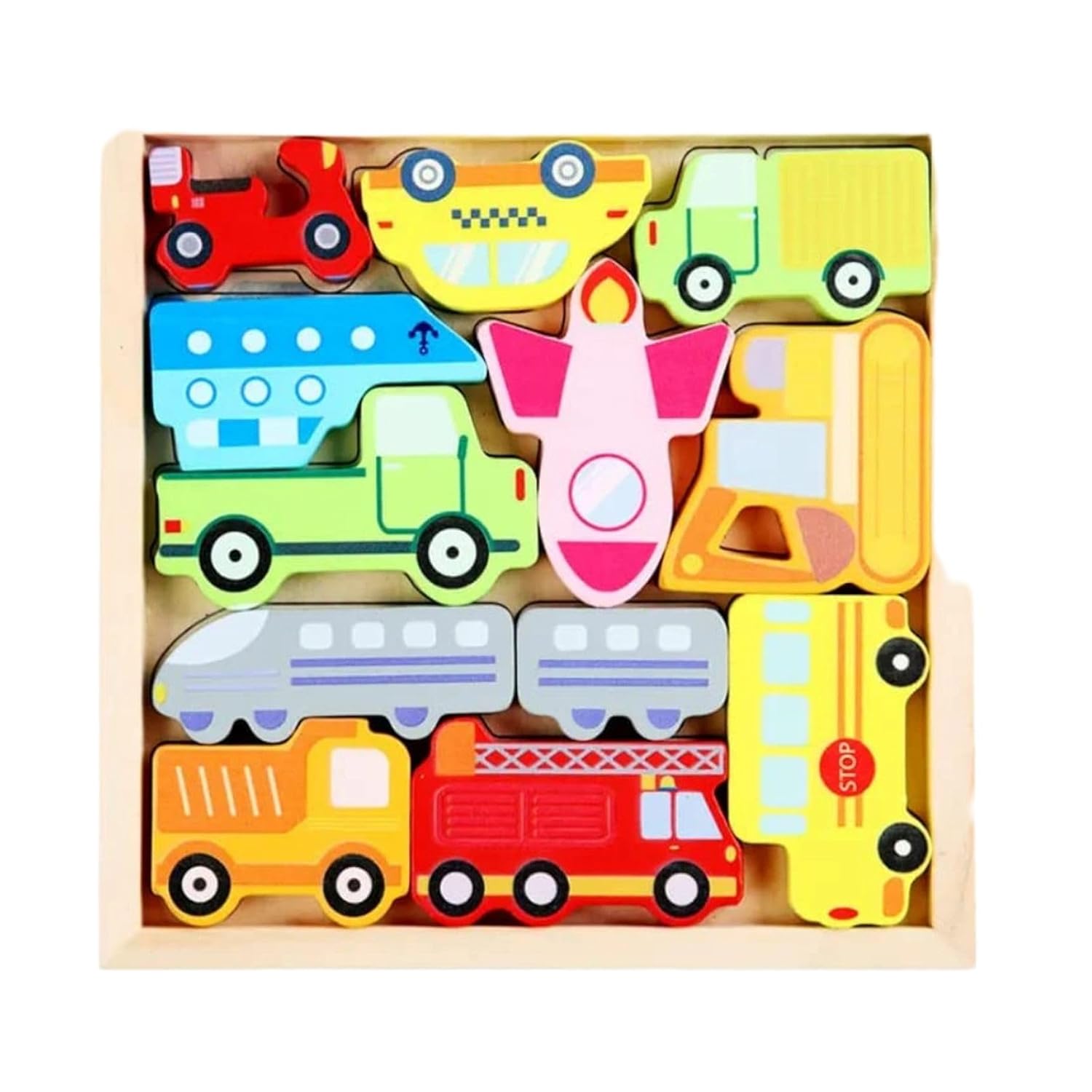 3D Wooden Vehicle Shapes Puzzle for Toddlers - Montessori Shape & Stacking Matching Toy, Educational Wooden Jigsaw Puzzle for Fine Motor Skills & Early Learning