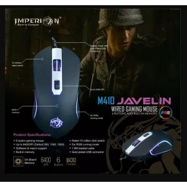 Imperion MG-M410 Javelin RGB Wired Gaming Mouse With 6 Buttons 6400 dpi, and Built-in Memory