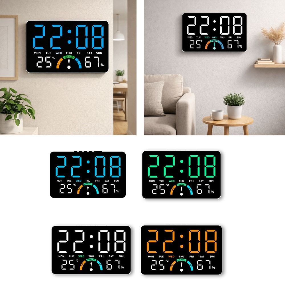 Modern Design Time/Temperature/ Humidity Digital Wall Clock Dual Alarms Comfort Reminder LED Alarm Clock Large Screen Date Display Electronic Table Clock Tabletop