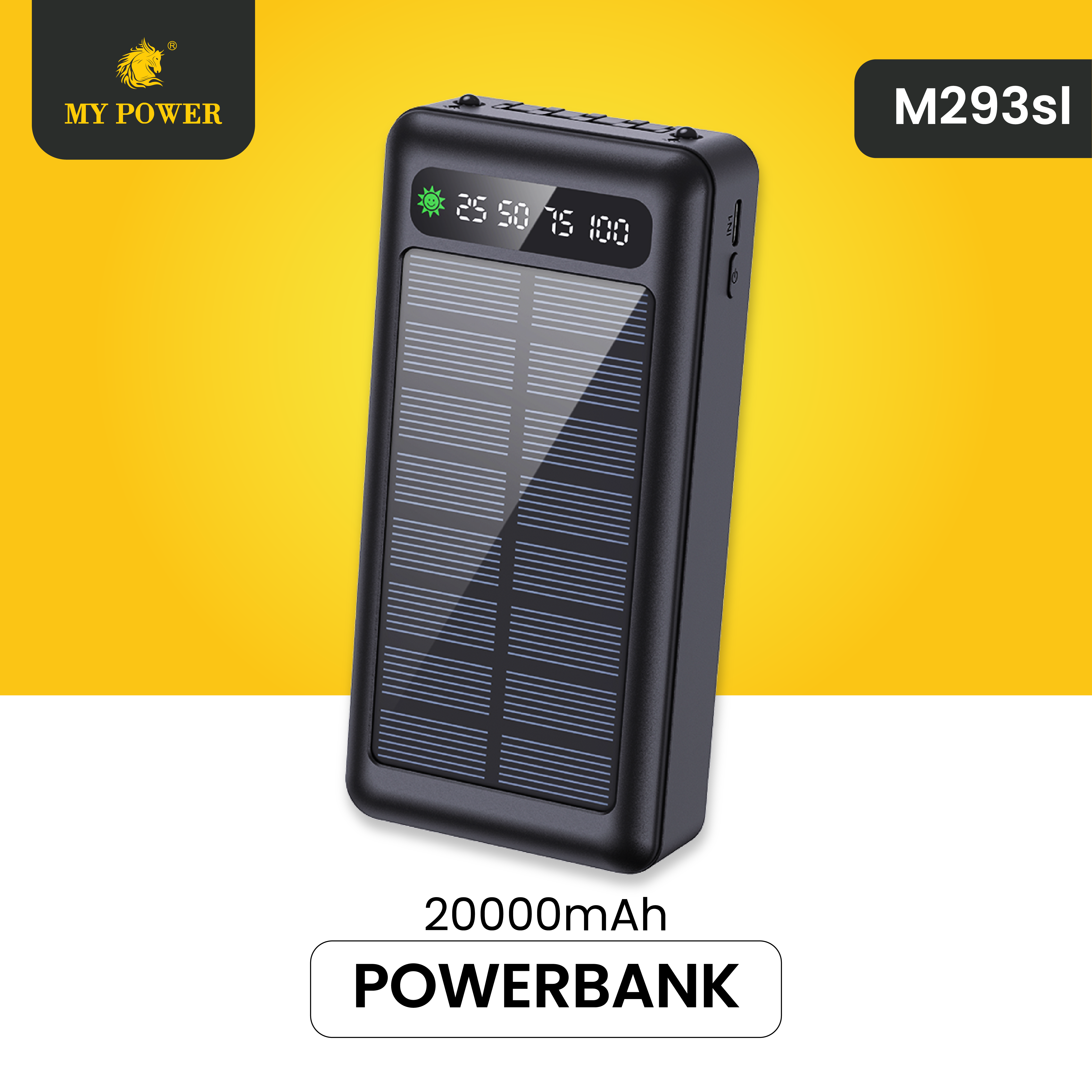 Mypower 20000mAh Solar Powerbank | Built-in Cables (Type-C/Micro/Ios) | 10W Charging | Type-C Input | Triple USB Output | LED Display | Fire-Resistant ABS Body | Multi-Device Charging | Travel & Outdoor Backup | 1 Year Warranty | M293sl