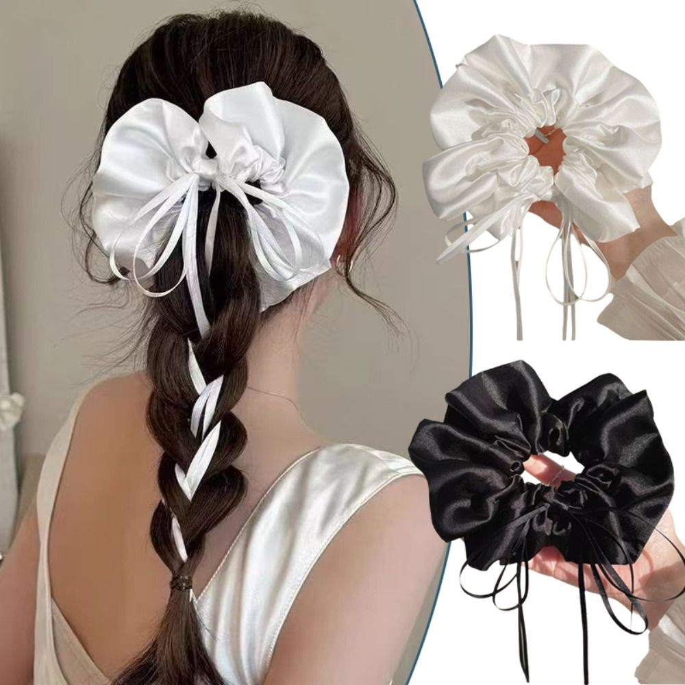 Fashion Satin Material Bow Scrunchie Black/White With Long Ribbon Hair Tie Elastic Hair Accessory Women's Use
