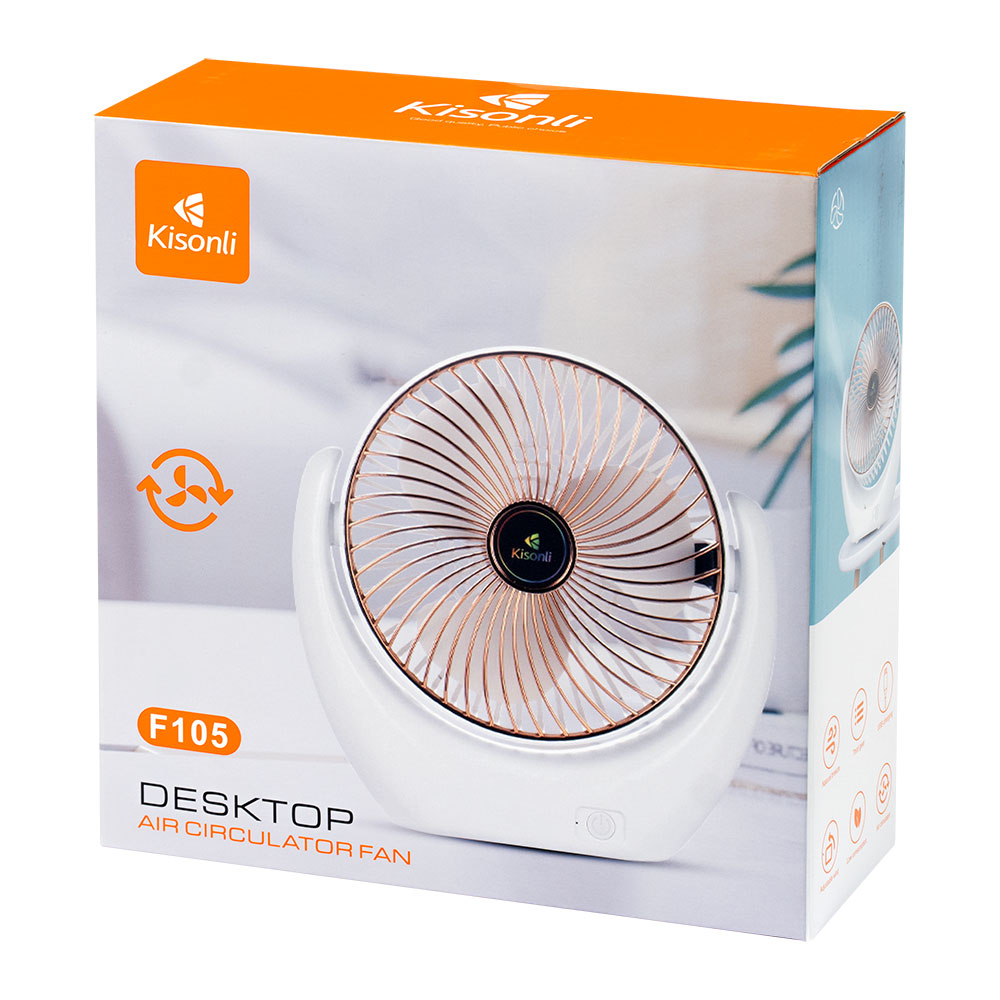 Kisonli F105 Portable Desktop Rechargeable Fan - 2000mAh Battery, 3 Speed Modes, USB Powered Mini Table Fan