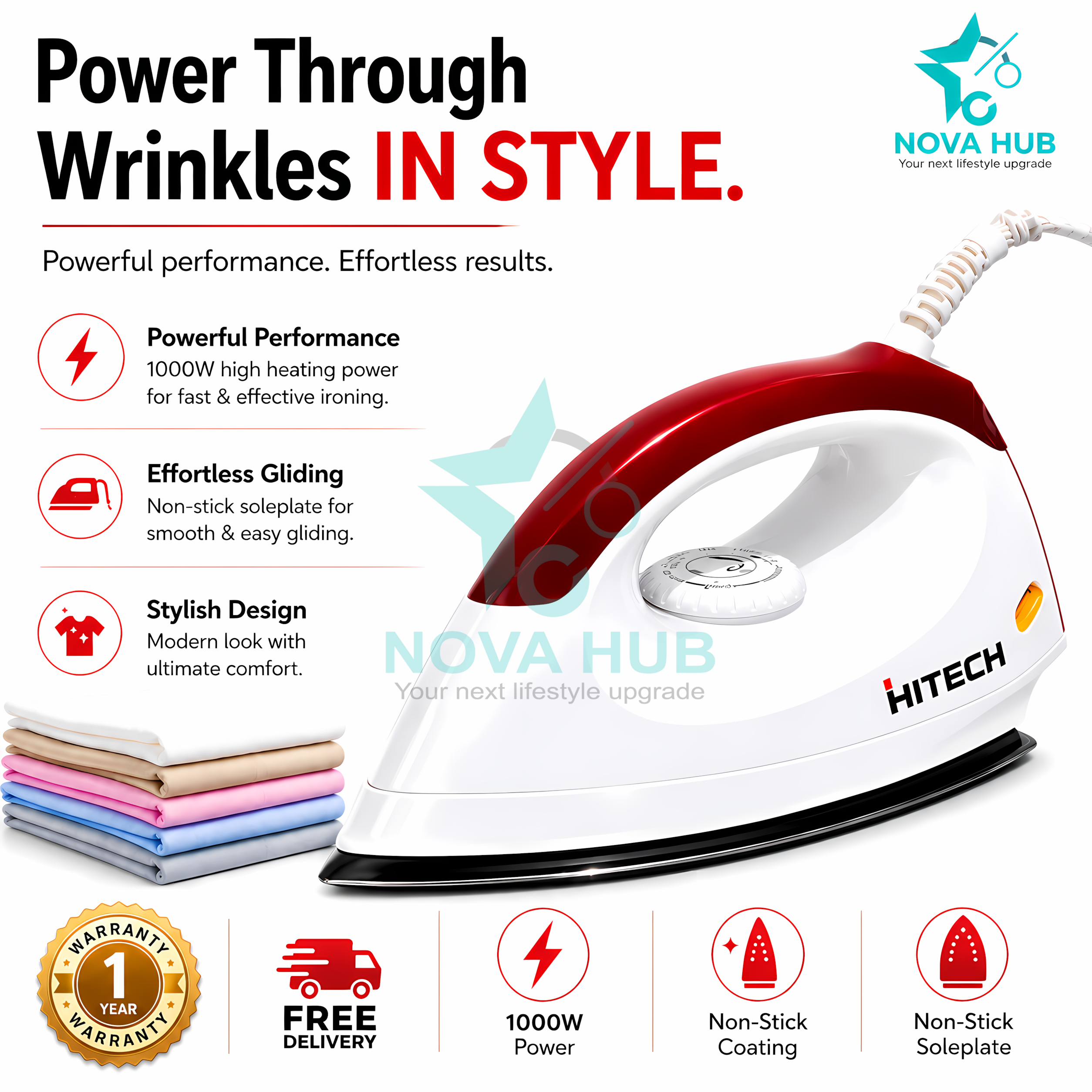 Hitech Malaysia Magic Dry Iron 1000W Dry Iron | 2 Years Warranty | Lightweight Cloth Iron | Non-Stick Coating | 6 Temperature Settings | Auto-Temperature Cut-Off | Swivel Cord | Your Next Lifestyle Upgrade at Nova Hub