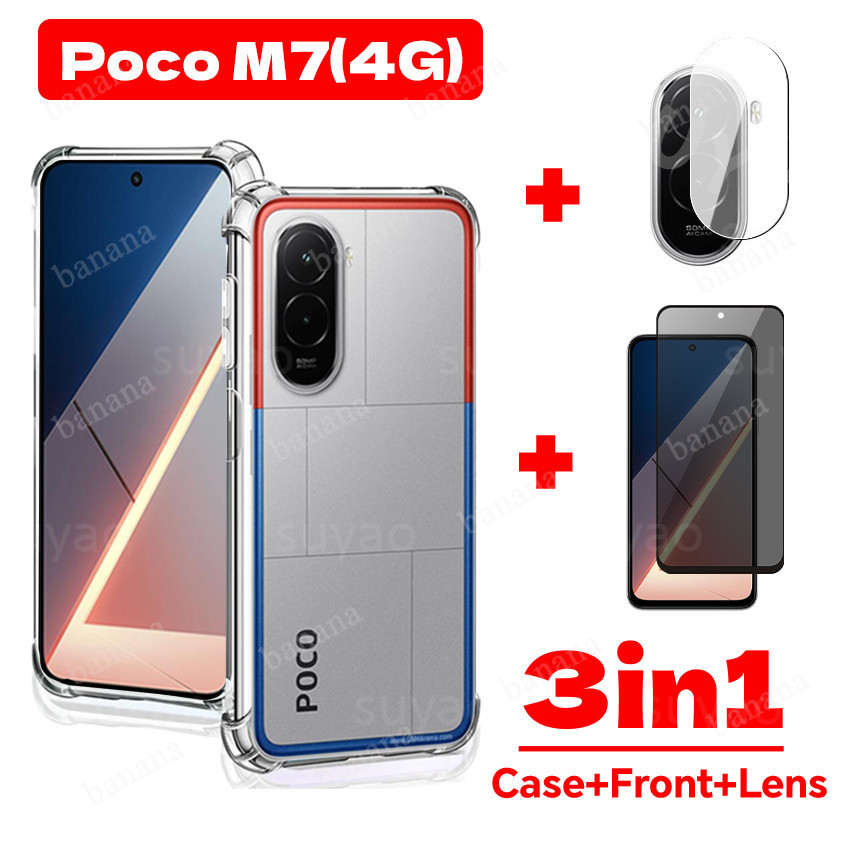 For Xiaomi Poco M7 4G 2025 3in1 Phone Case Clear Transparent Casing PocoM7 M 7 Shockproof Soft TPU Anti-Spy Full Privacy Tempered Peek Glass Lens Film