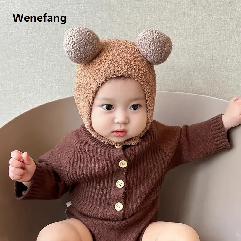 Wenefang Cute Winter Warm Kids Girl Boys Baby Hats Fleece Wool Hemming Caps with Ball Solid Wool Ear Protection Hats Soft Newborn Bonnet