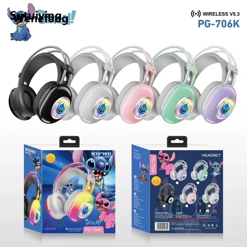 Wenefang Sutuiying Disney Stitch Headphone Bluetooth Wireless RGB Light Foldable Computer 2025 Profesional Earphones Noise Reduction Stereo Gaming Headset PG-906