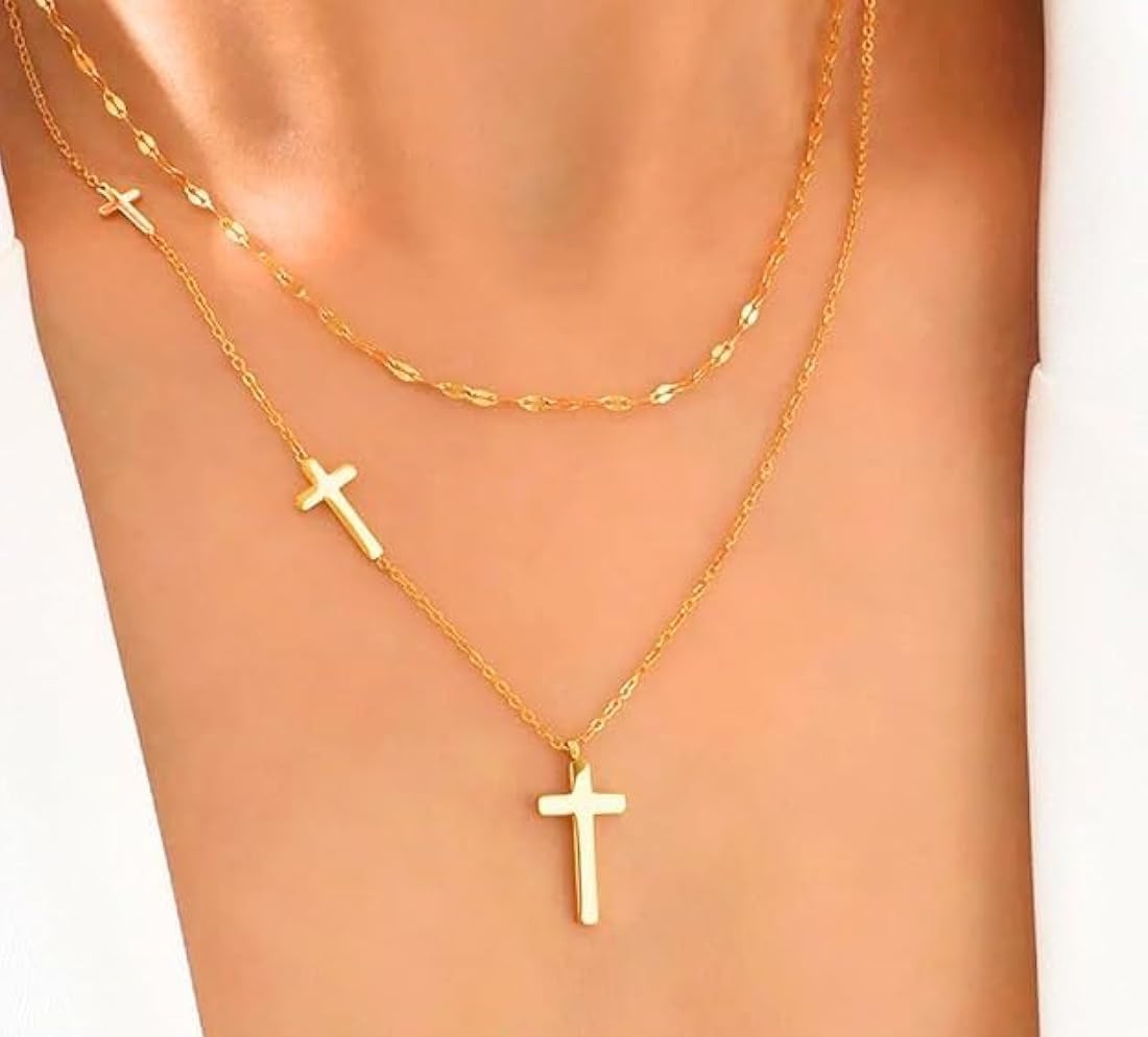 Masala Beads New Double Gold Cross Necklace Stainless Steel Minimalist Layered Necklaces Unisex Stylish Multi Two Layer Neck Chain Jewelry Accessories Gifts