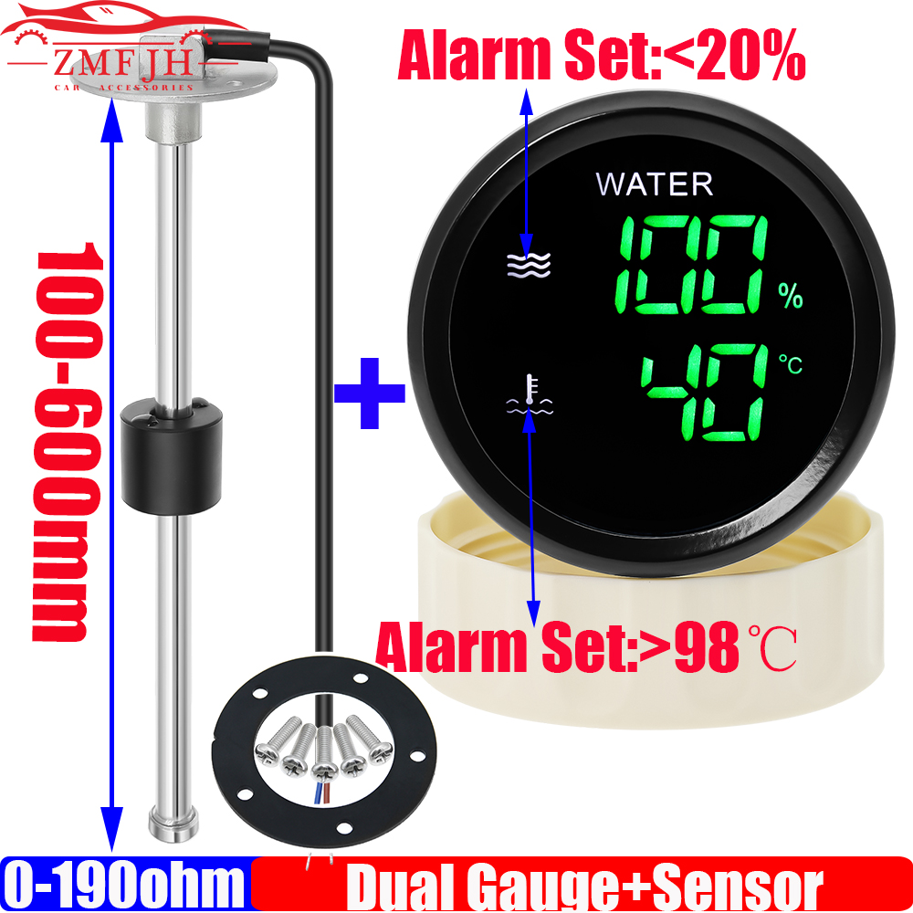 NEW 【Innovative design】52mm Dual Gaugewater Temp Sensorwater Level Sensor 0-190 Ohm Digital Water Tank Indicator/water Temperatuer Meter With Alarm