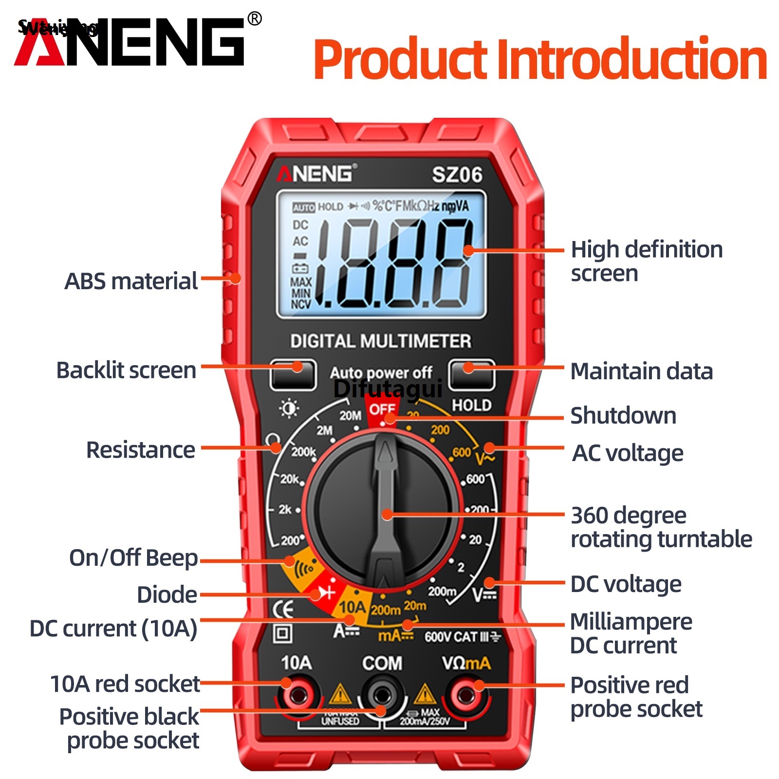Difutagui Wenefang Sutuiying ANENG SZ06 Digital Multimeter AC/DC Voltage Auto Tester Current Special Fashion Ammeter Smart Multimetro Data Hold Diode Voltmeter Ohm Tools