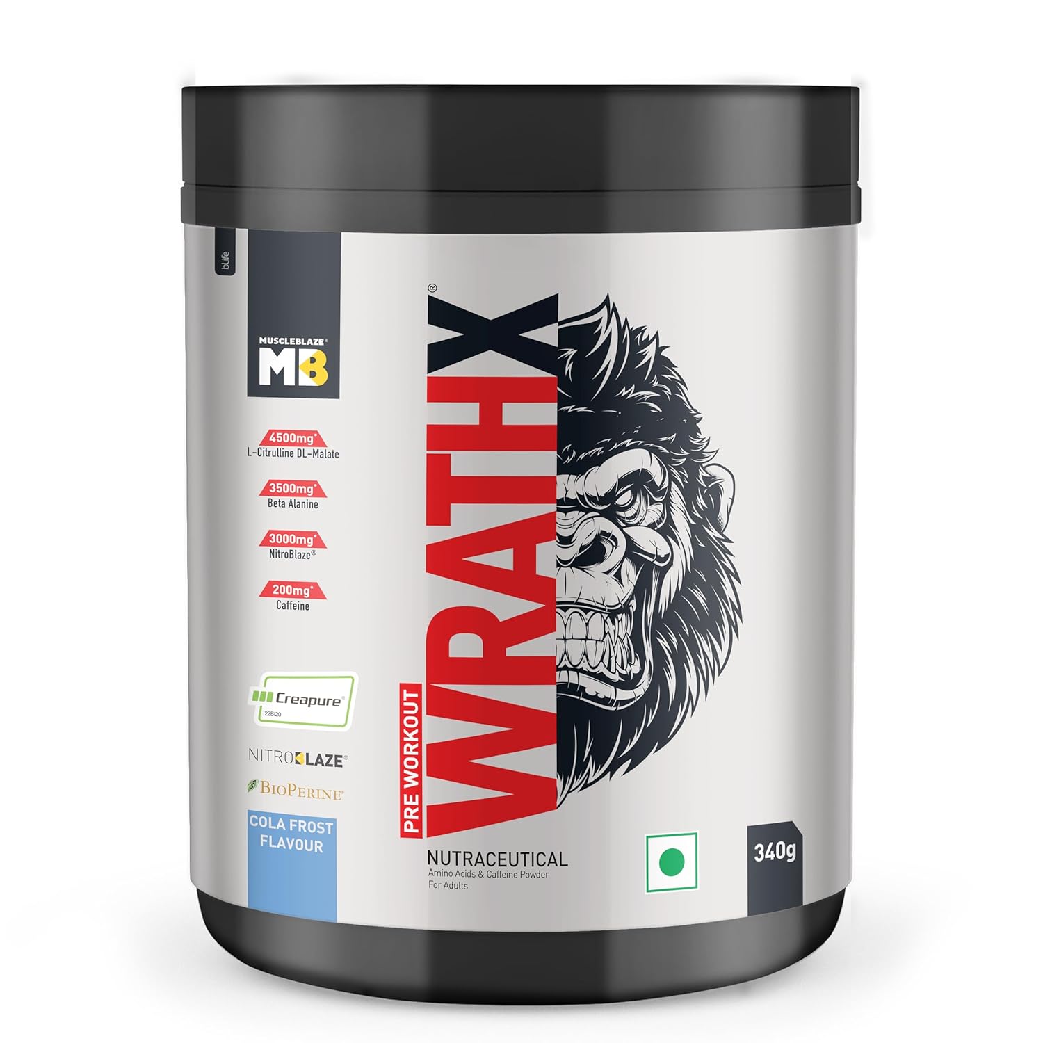 MuscleBlaze Wrath X Pre Workout 540g with Caffeine Creatine Monohydrate Citrulline Beta Alanine Arginine for Energy Strength and Muscle Gain